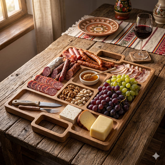 Platou de servire din lemn pentru brânzeturi și mezeluri, design rustic, ideal pentru evenimente sau cadou.