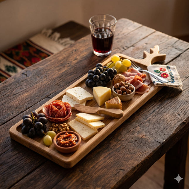 Platou de servire din lemn pentru brânzeturi și mezeluri, design rustic, ideal pentru evenimente sau cadou.