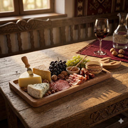 Platou de servire din lemn pentru brânzeturi și mezeluri, design rustic, ideal pentru evenimente sau cadou.