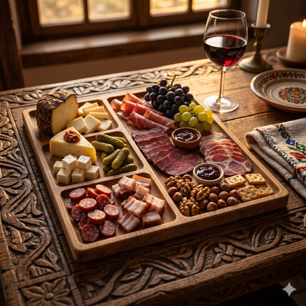 Platou de servire din lemn pentru brânzeturi și mezeluri, design rustic si modern, ideal pentru evenimente sau cadou.
